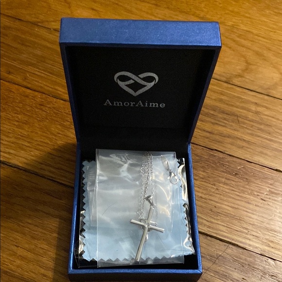 NIB AmorAime Silver Cross Necklace with Heart and Crystal Accent - Picture 14 of 14